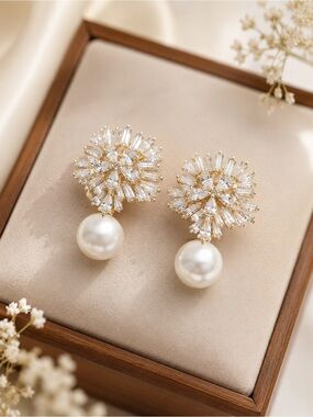 Gold Crystal Floral Drop Earrings with Pearl Accent